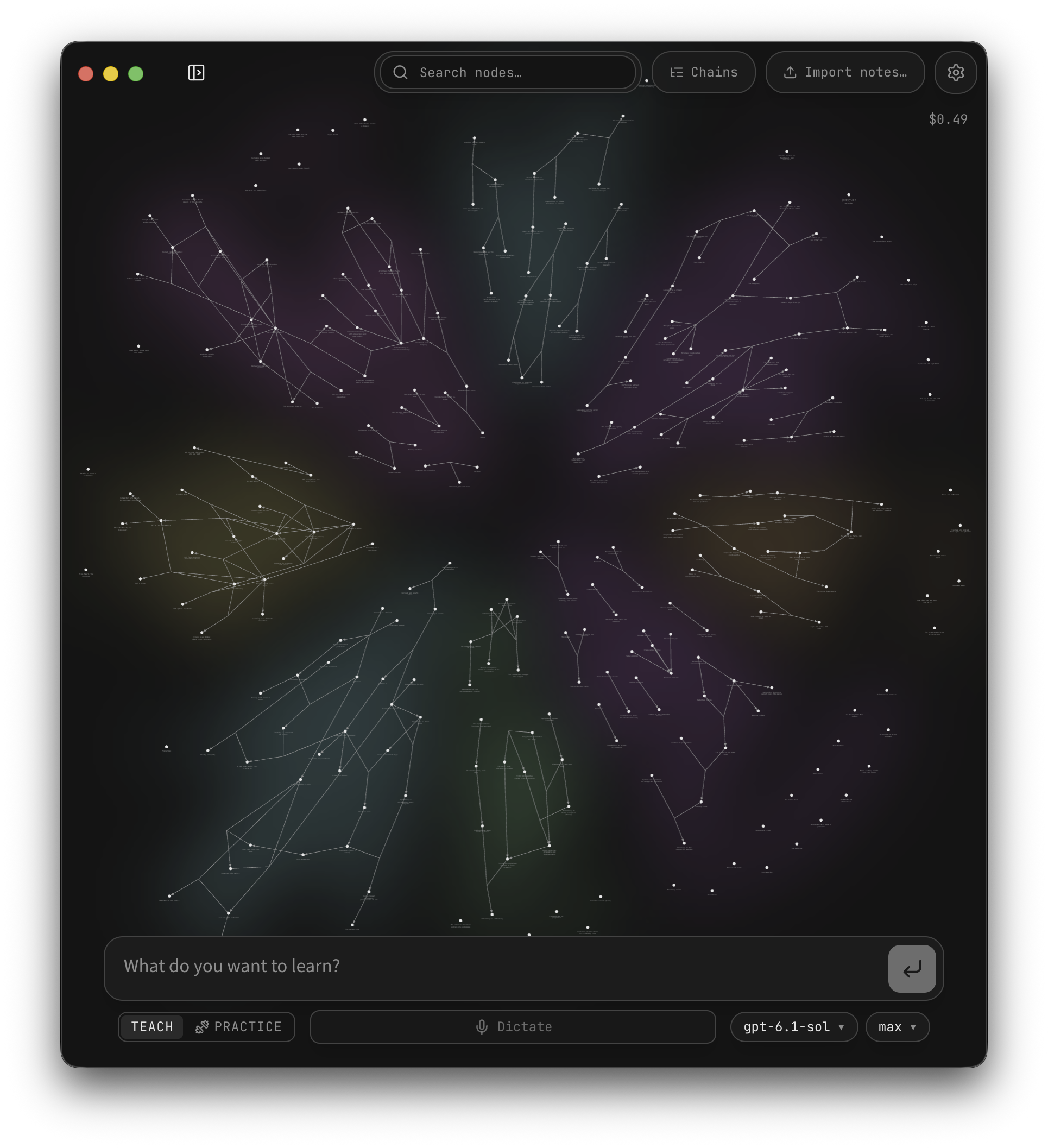 LearnHarness’s knowledge graph in a portrait app window, with connected claims and reasoning, a learning-goal field, and teaching and practice controls.