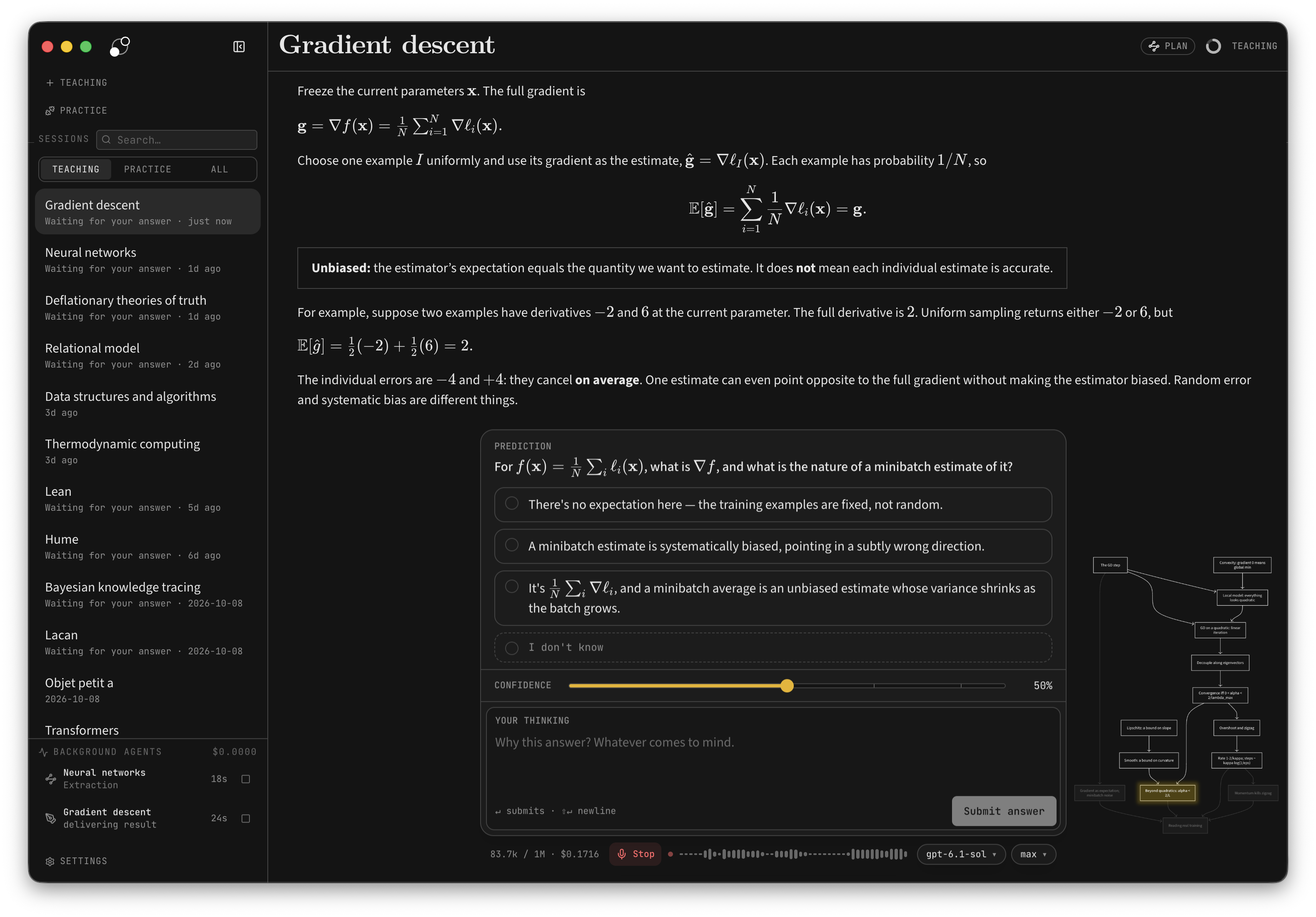LearnHarness teaching gradient descent, with an explanation, a prediction question, a confidence slider, an empty thinking field, and the lesson map.